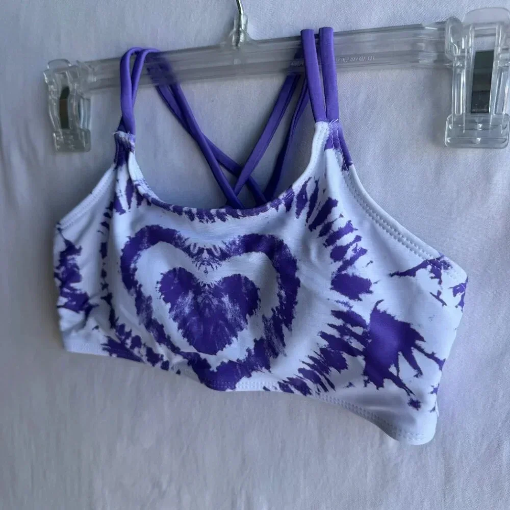 Purple Tie-Dye Heart Bikini Top - Crisscross Back, Girls Size 8Y